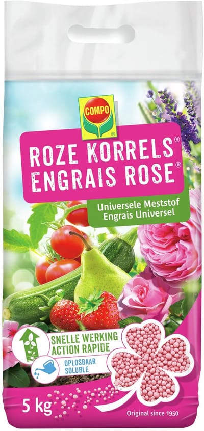 COMPO Roze Korrels® - rijke en snelwerkende meststof - voor alle tuin-, balkon-, terras- en kamerplanten - zak 5 kg