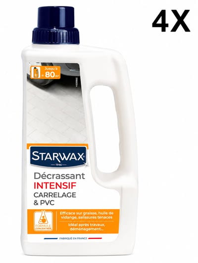Starwax Intensieve Reiniger voor Tegels en PVC 1 Liter - Verwijdert Hardnekkig Vuil Diep - Ideaal na Verbouwing of Verhuizing - Made in France - Set van 4 Flessen (4 L Totaal) - Voordeelverpakking