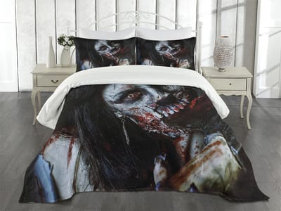 ABAKUHAUS Zombie Bedsprei Set, Bloody Woman Thema, Gewatteerd 3-delig dekbed Set met 2 kussenslopen, voor tweepersoonsbedden 220 x 220 cm, Meerkleurig