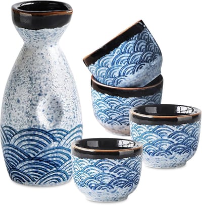 5-delige keramische liquor sake set, sake set met beker en wijnpot uit Japanse keramiek, sake bekerset inclusief 4 kleine wijnglazen/sake schaal