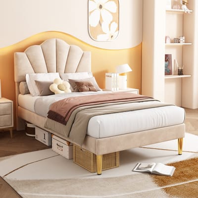 STILVORA Gestoffeerd Bed 90 x 200 cm – Eenpersoonsbed Met Schelpvormig Hoofdbord En Gouden Metalen Poten – Hoogteverstelbaar Hoofdeinde En Houten Lattenbodem – Voor Tiener Meisjeskamer En Logeerkamer – Fluweel – Beige