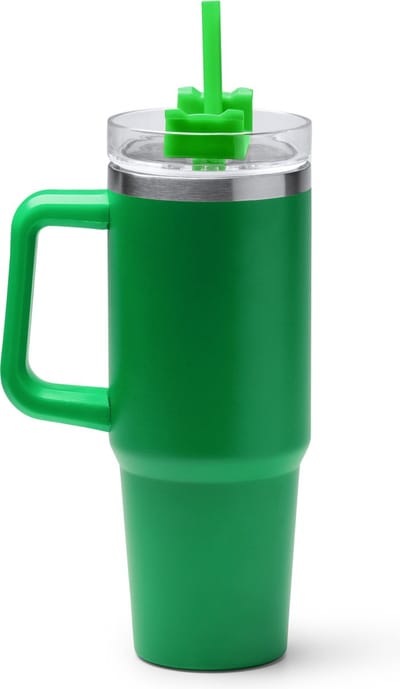 Kranston Thermos to go - Groen - 870 ML - Thermosbeker met Handvat en Rietje - RVS beker - Travel cup - Mug to go - Thermosbeker - Drinkbeker to go - Thermosfles - dubbelwandige vacuüm geïsoleerde koffiebeker - Thee - Koffie