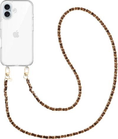 xoxo Wildhearts siliconen hoesje geschikt voor iPhone 17 - Classic Chain - Leopard (lang koord) - Telefoonhoesje - Hoesje met koord - Schakelketting - Lang telefoonkoord - Luipaardprint met goud - Transparant hoesje