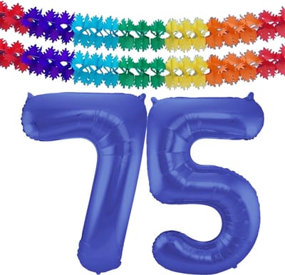 Folat Verjaardag Leeftijd folieballon - 75 jaar - blauw - 86 cm - cijferballon groot - incl 2x feestslingers