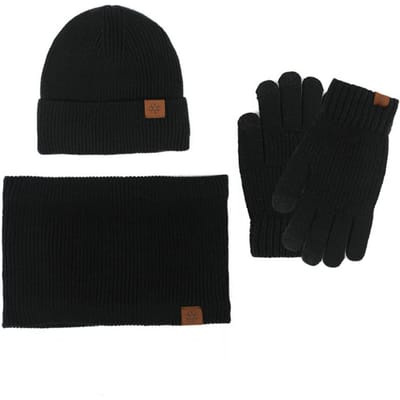 3 Stuks/Set Dames Wintermuts Sjaal Handschoenen Set Dikke Pluche Gebreide Warme Muts Handschoenen Elastische Oor Winddicht Wi zwart