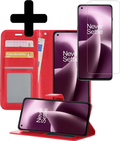 Hoesje - Met Screenprotector - Geschikt voor OnePlus Nord 2T - Luxe Pasjeshouder - Bookcase Portemonee - Flip Case - Kunstleer Book Case - Flipcase - Book Cover - Walletcase - Portemonneehoes - Telefoonhoesjes - Rood