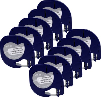DULA - Dymo LetraTag 91208 - S0721730 - Label Tape - Zwart op Zilver plastic - 12mm x 4m - 10 Stuks