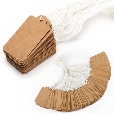 500 stuks kleine cadeaulabels voor kleding en prijskaartjes - ambachtelijke prijskaarten met koord - kraftpapieren etiketten (2,5 cm x 4,5 cm)