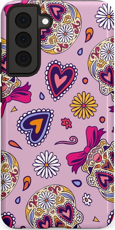 Casetastic hoesje geschikt voor Samsung Galaxy S21 FE 5G - Dubbellaagse bescherming - Dia de los Muertos Doodshoofd Strik - Fashion Case - Lichtroze Lila Taupe Zilver