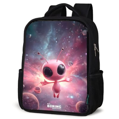 NoBoringSuitcases.com® - Rugzak zwart - Schooltas jongen & meisje - Roze Alien in Sterrennevel - Rugtas voor school - Boekentas kind - Schoolrugzak - Kinderrugzak