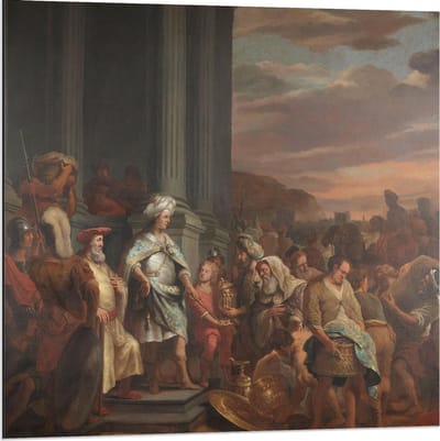Dibond - Oude Meesters - Cyrus overhandigt schat uit Jeruzalem, Ferdinand Bol - 80x80cm Foto op Aluminium (Met Ophangsysteem)
