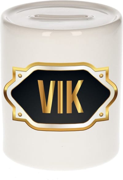 Spaarpot met voornaam Vik - wit - met goud/zwart embleem - 8 x 9 cm - keramiek - met afsluitdop - cadeau verjaardag