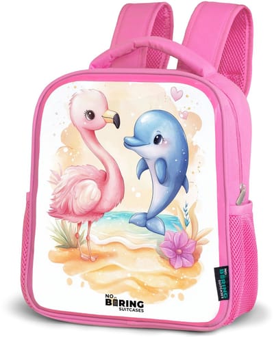 NoBoringSuitcases.com® - Rugzak roze - Schooltas meisjes - Roze flamingo en blauwe dolfijn op een strand - Kinder rugtas meisje - Boekentas kind - Kinderrugzak voor school - Schoolrugzak