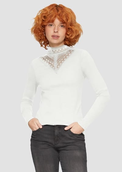 Dames T-shirt met lange mouwen hoge kraag en kant QS