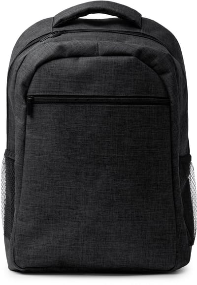 Heather Zwarte 6000 RPET rugzak Laptopvak 15" Twee voorvakken en trolleyband. Model Bruson