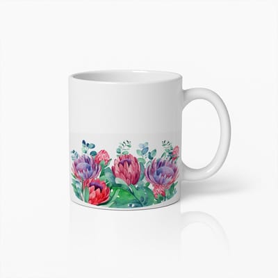 Bloemen Waterverf Mok – Elegante Roze en Paarse Protea Bloem Design – Mooie Keramische Koffiemok voor Natuur- en Tuinliefhebbers