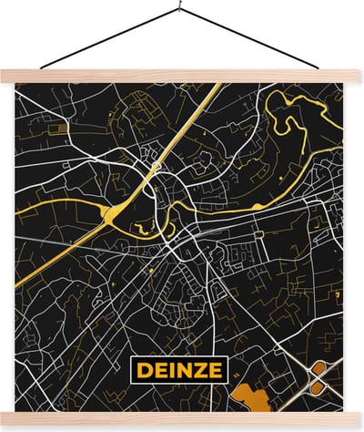 Posterhanger incl. Poster 40x40 cm - Schoolplaat - Deinze - Plattegrond - Goud - Stadskaart - Kaart - Textielposter - Blanke latten - Stadskaart