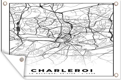 Muurdecoratie Plattegrond – Charleroi – Zwart Wit – Stadskaart - Kaart - België - 180x120 cm - Tuinposter - Tuindoek