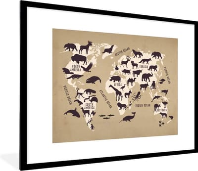 Poster in lijst - Fotolijst 80x60 cm - Posters - Wereldkaart - Dieren - Bruin - Posterlijst zwart - Decoratie - Wanddecoratie woonkamer - Muurdecoratie slaapkamer