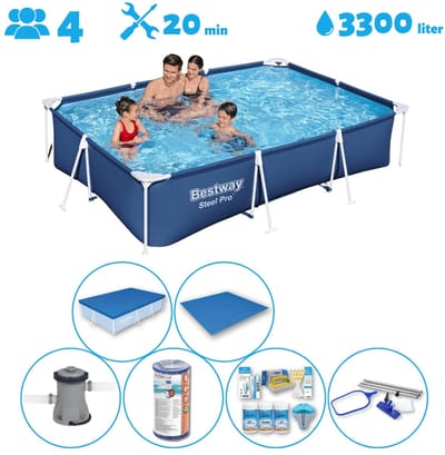 Bestway Rechthoekig Opzetzwembad - 300 x 201 x 66 cm - Blauw - Inclusief Pomp - Filter - Onderhoudspakket - Grondzeil - Afdekzeil - Schoonmaakset