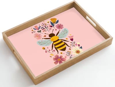 Dienblad hout 50x35 cm - Schootdienblad - Bij - Geel - Bloemen - Kleurrijk - Borrelplank rechthoek - Plateau dienbladen
