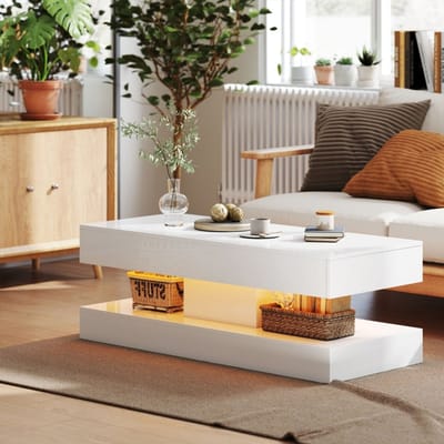 REDOM Salontafel met LED (12 kleuren, 4 modi, 16 helderheidsniveaus), hoogglans wit, 2 onzichtbare lades, open vak, 120×50×42 cm
