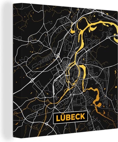 Canvas Schilderij Lübeck - Plattegrond - Goud - Stadskaart - Kaart - Duitsland - 20x20 cm - Wanddecoratie