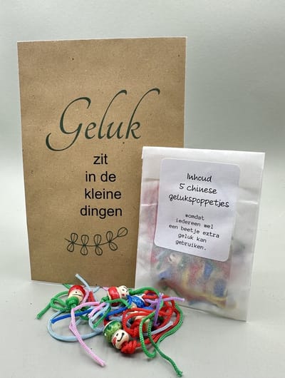 Geluk zit in de kleine dingen,geluk,gelukspoppetjes,kleine kadootjes,brievenbuskadootje,zakje, kadootje geluk,