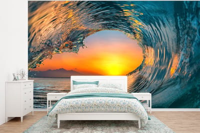 Behang - Fotobehang Zonsondergang - Water - Golf - Oranje - Breedte 400 cm x hoogte 300 cm