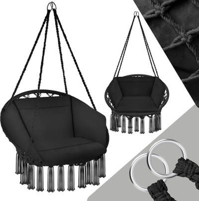 tectake® - hangstoel met kussen, geschikt voor slaapkamer decoratie binnenshuis, als schommelstoel of buitengebruik als tuinmeubel, balkonmeubel en rotanstoel, ondersteunt 150 kg - zwart