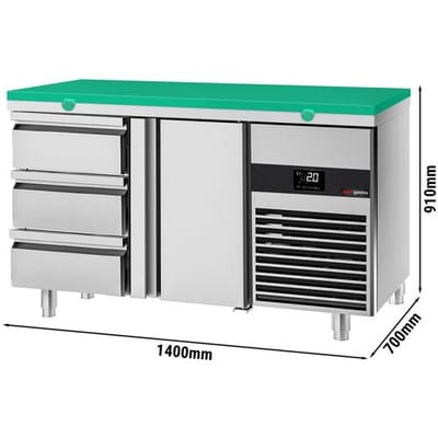 GGM Gastro Kühltisch PREMIUM - 1400x700mm - mit 1 Tür - 3 Schubladen - inkl. Schneideplatte Grün