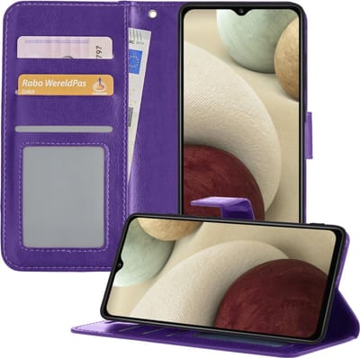 Hoesje - Met Pasjeshouder - Geschikt voor Samsung Galaxy A12 - Luxe Bookcase Portemonee - Flip Case - Kunstleer Book Case - Flipcase - Book Cover - Walletcase - Portemonneehoes - Telefoonhoesjes - Paars