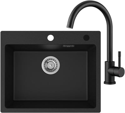 CECIPA Max Granieten Spoelbak 55*45cm - Spoelbak Keuken Zwart - Spoelbakken Keuken Met Keukenkraan - Wasbak Keuken Met Waterafvoersysteem