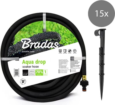 Bradas AQUA-DROP Druppelslang – 1/2" (13 mm) – 15 m – Waterbesparende Zweetslang – Incl. Snelkoppelingen en Grondpenne