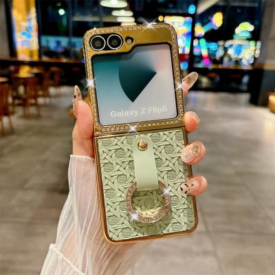 Elektrogeplateerde Geweven Leren Ring Telefoonhoes voor Samsung Galaxy Z Flip 6 5 Samsung Flip6 Flip5 Schokbestendige Beschermhoes For Samsung Galaxy Z Flip 5