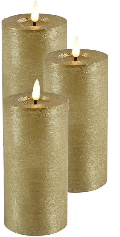 Countryfield Lyon LED kaars/stompkaars - 3x - goud - D7,5 x H15 cm - timer