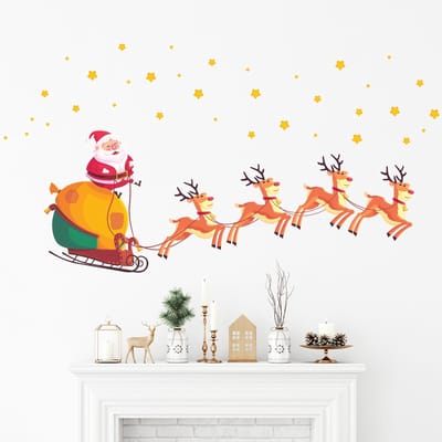 Kerststicker met de Kerstman, rendieren en magische sterren - zelfklevende kerststickers - feestdecoratie - 100x150cm