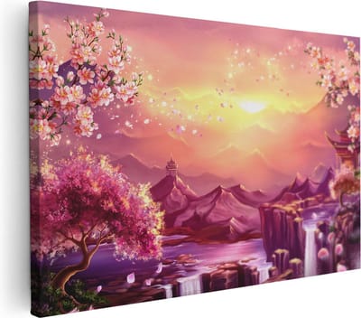 Artaza Canvas Schilderij Zonsondergang Bergen - 30x20 cm - Klein - Wanddecoratie Japandi - Muurdecoratie Bloesem - Kamer Accessoires Waterval