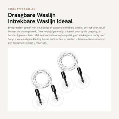 Dailygoods- Waslijn Intrekbaar - Draagbaar - Haken/Zuignappen - Campingaccessoires - Voor Binnen/Buiten - Rubberband - Drooglijn