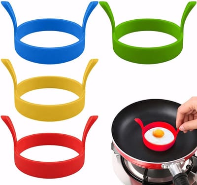 Eivormpannen Set – Fried Egg Mold - Egg Koekenpan - 8cm Antiaanbak Siliconen Eiring met Handvat – Hittebestendig voor Gebakken Eieren, Hamburgers, Pasteitjes en Desserts - 4stuks