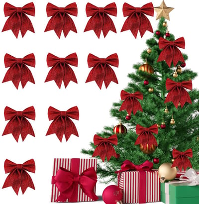Allecto - Rode decoratieve strikken - Kerstversiering - Glinsterend pailletten - 10 stuks - Glitter voor hanger - Geschikt voor kerstdecoratie - 14...
