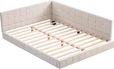 Gestoffeerd bed/slaapbank 140*200 Multifunctioneel bed met lattenbodem, gemaakt van huidvriendelijke fluwelen stof, beige.