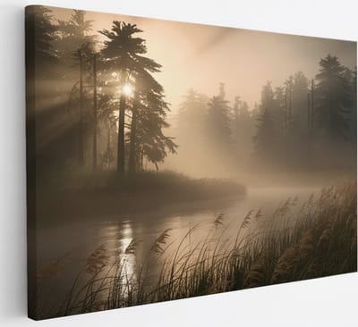 Saammp Canvas Schilderij - Water bij mistig Landschap - Natuur - 30x20 - Foto op canvas - Wanddecoratie - Muurdecoratie Woonkamer - Slaapkamer decoratie - Canvas Print