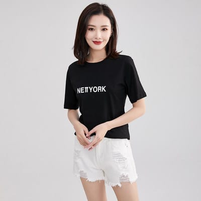 Dames T-shirt met korte mouwen van katoen, Nieuwe Mode Koreaanse Stijl Ademend Dames Zomer Eenvoudig Los Bedrukt T-shirt XXL black