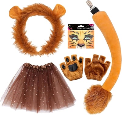 Kostuum voor Volwassenen en Kinderen met 5 Delen: Leeuwenkop, Oren, Handschoenen, Staart en Tutu voor Dieren Cosplay en Feestjes
