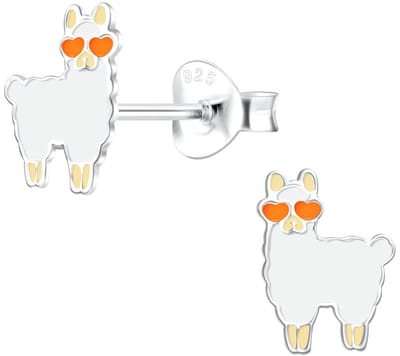 Joy|S - Zilveren Alpaca Lama oorbellen - 6 x 8 mm - wit met oranje hartjes bril - sterling zilver 925 - kinderoorbellen