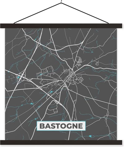 Posterhanger incl. Poster 60x60 cm - Schoolplaat - België – Bastogne – Stadskaart – Kaart – Blauw – Plattegrond - Textielposter - Zwarte latten - Stadskaart