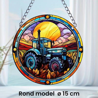 Allernieuwste.nl® Raamhanger Raamdecoratie Tractor Boerenbedrijf - Kleurige Zonnevanger Rond Acryl met Ketting - Boer - Suncatcher Rond model 15 cm %%