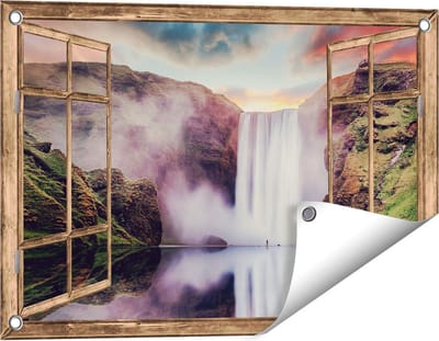 Gards Tuinposter Doorkijk Waterval met een Weerspiegeling in het Water - 60x40 cm - Tuindoek - Tuindecoratie - Wanddecoratie buiten - Tuinschilderij