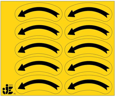 Linkswijzende draairichtingspijl stickers - geel zwart - op vel | 5 x 2 cm - 10 stickers per vel